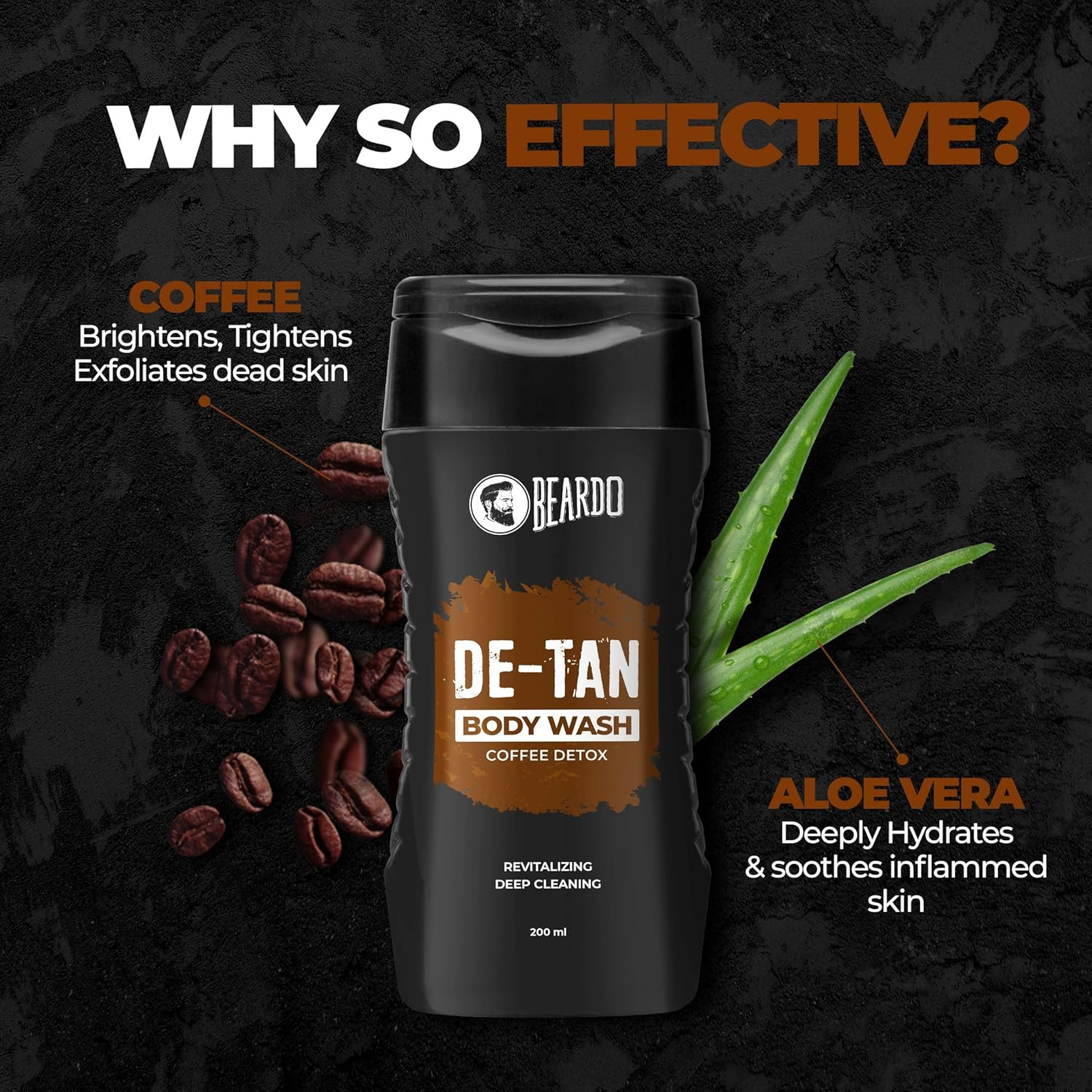 Beardo De-Tan Body Wash for Men, 200Ml | Tan Removal Bodywash for Men | De-Tan for Men | Caffeine Body Wash | with Coffee & Aloe Extracts | for Body & Face | Refreshing Fragrance image number 4