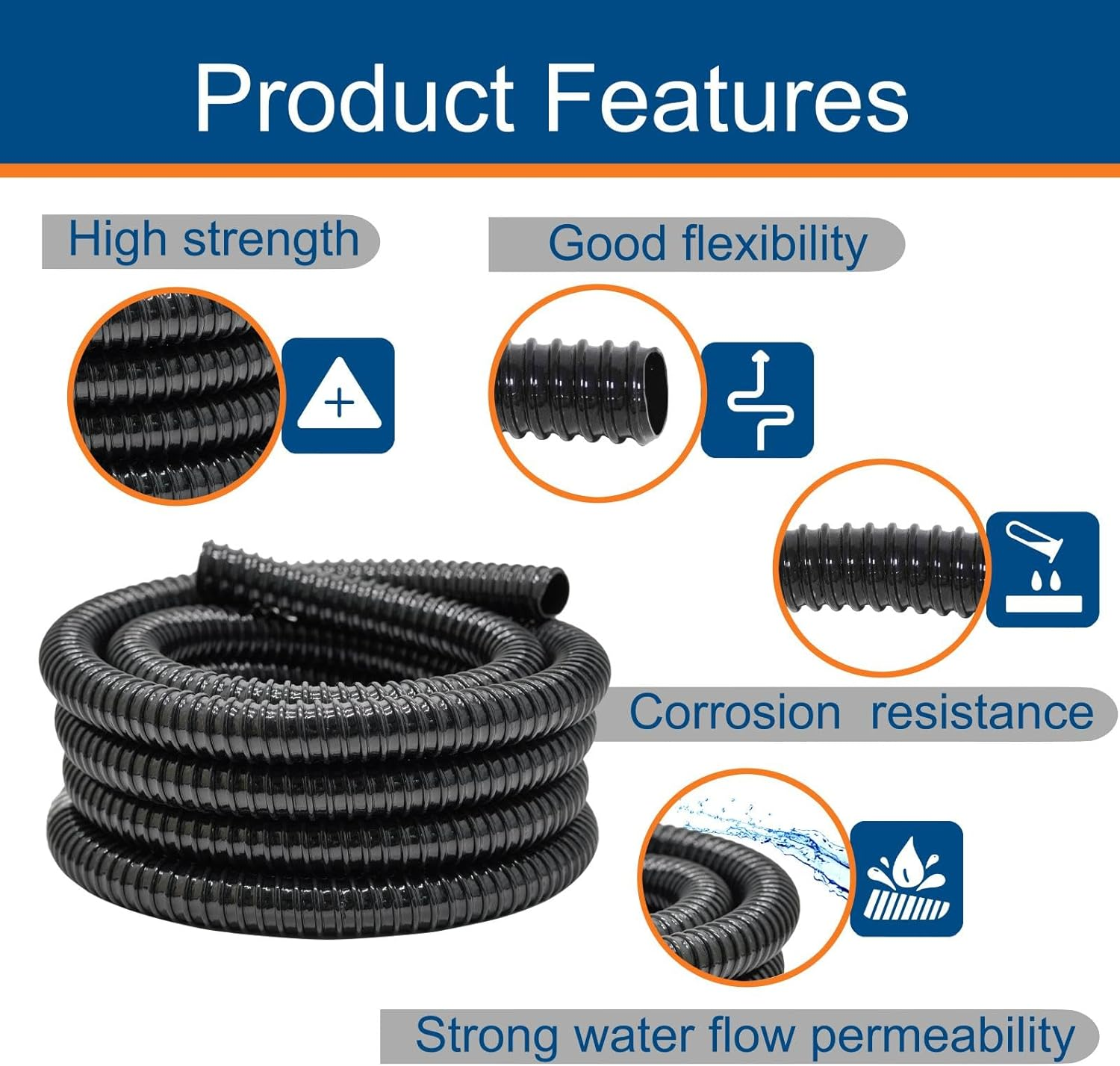 Pamopamo 1 Inch Pond Tubing, 1" ID Corrugated PVC Hose Pipe - 20 Feet Length Flexible Black Aquarium, Pond Waterfall, Garden Pond Pump Drainage Tube image number 2