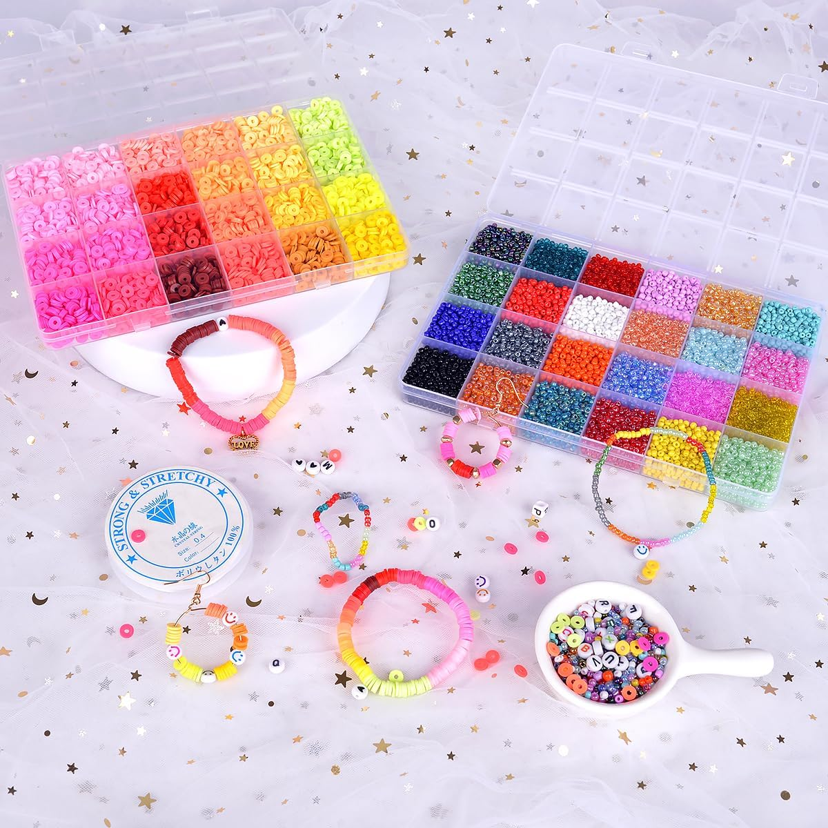 ANSHINE 13200Pcs Seed Beads Set with 3600 Clay Beads and 300 Letter Bead for Bracelet Jewelry Making Supplies Kit with Storage Box image number 1