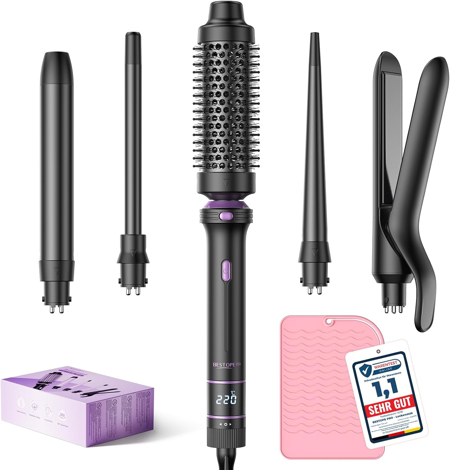 BESTOPE PRO Curling Iron, 5-In-1 Curling Iron Set with Straighteners, Thermal Brush, 3 Ceramic Curling Irons (9 Mm - 25 Mm) for Large Curls, 13 Temperatures, Hair Curler with Heat Resistant, Mat