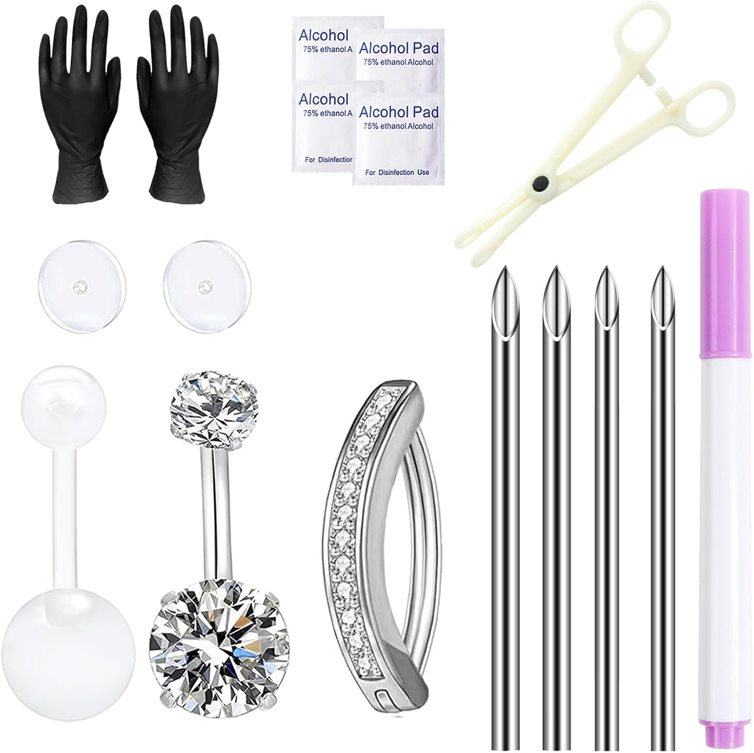 Vessantara Belly Button Piercing Kit - 17 Pcs Belly Piercing Kit Disposable 12G 13G Body Piercing Needles with Belly Button Rings Clamps