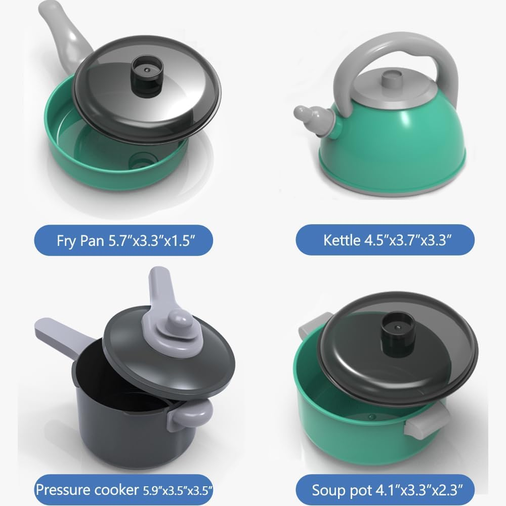 61 Piece Mini Play Kitchen Accessories for Kids, Pretend Cooking Playset with Pots, Pans, Utensils, Cutting Fun Fruits & Veggies, Learning Gift for Toddlers, Girls & Boys (Green) - Green image number 6