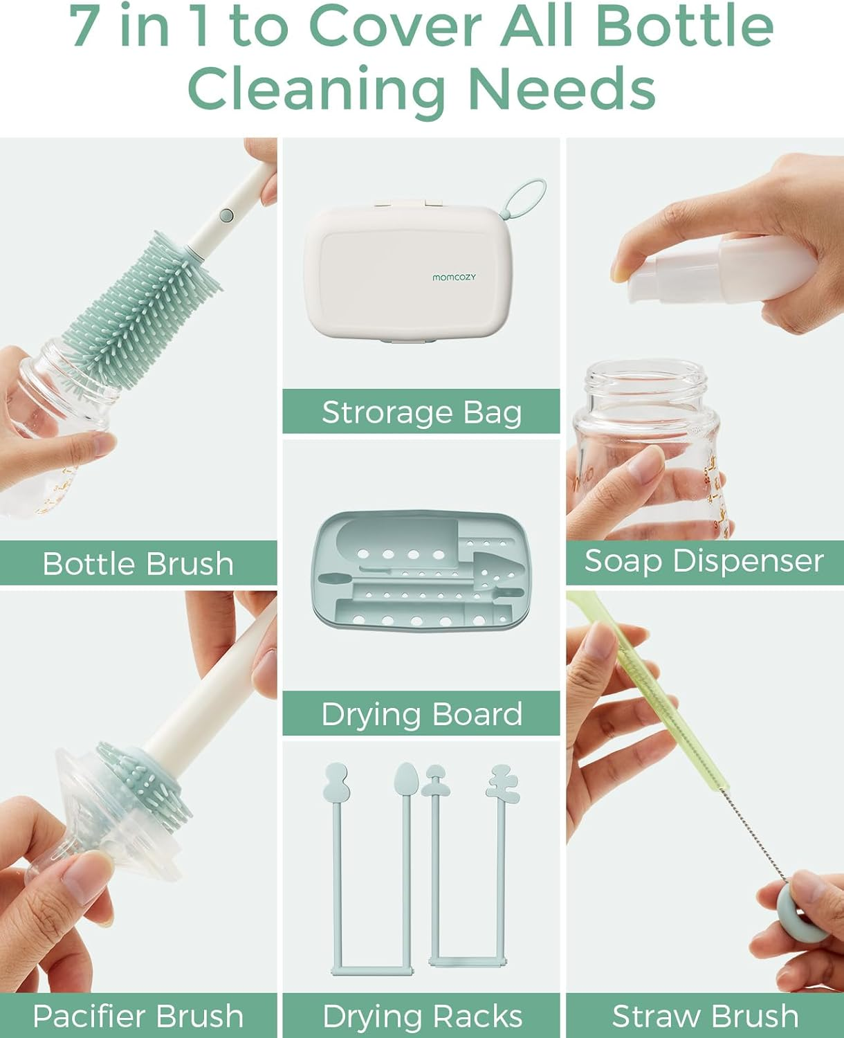 Momcozy Bottle Brush Set - Baby Bottle Cleaner Kit with Silicone Brush, Nipple Brush, Straw Brush, Soap Dispenser, Drying Rack - 7 in 1 Bottle Cleaning Tool for Home and Travel, Green image number 4