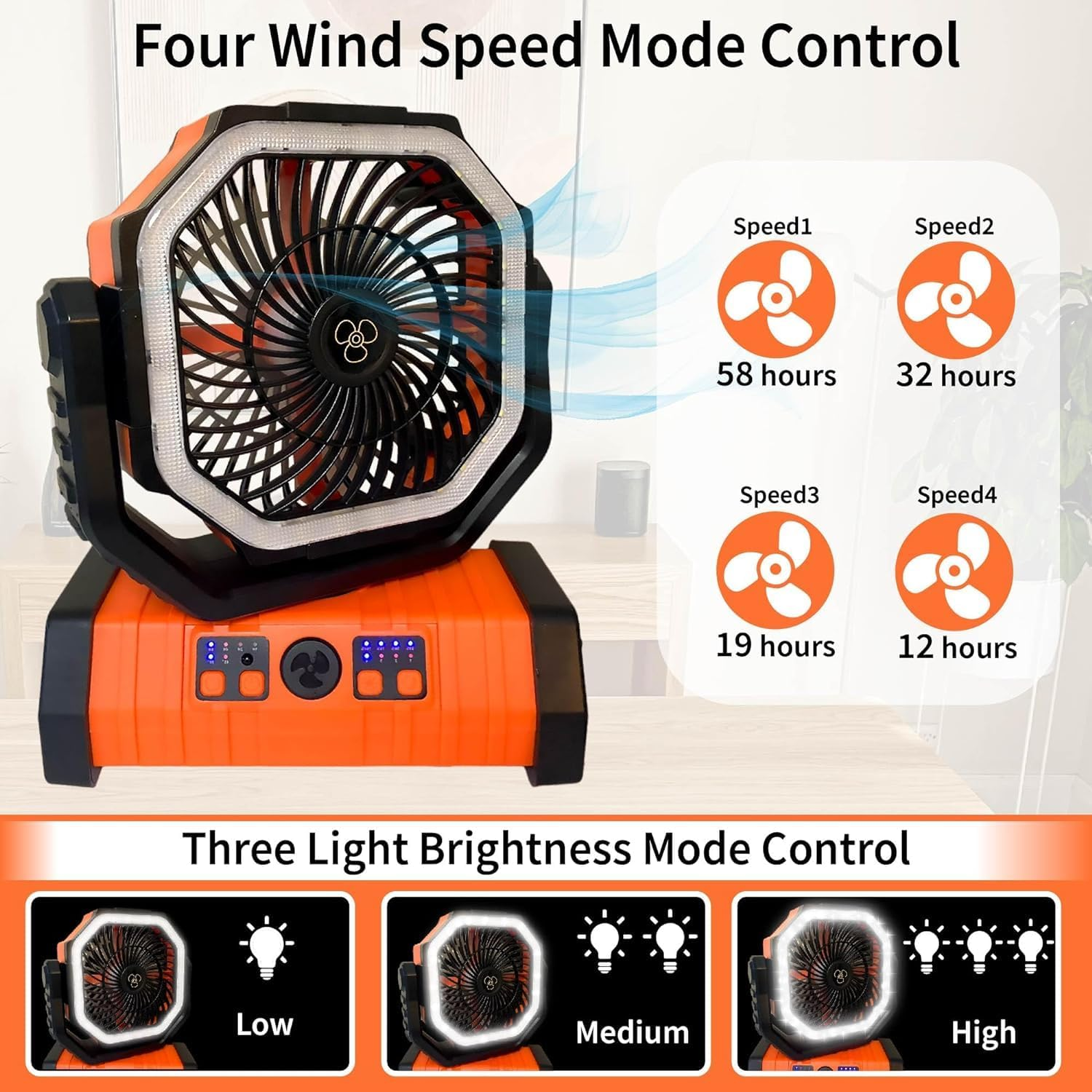 Leona Co Camping Fan Battery Operated Powered Fan with LED Lantern Light Rechargeable Portable Fan, Oscillating Fan with 360&deg; Rotation Hanging Hook for Tents, Cordless USB Desk Fan (Green) - Orange image number 2