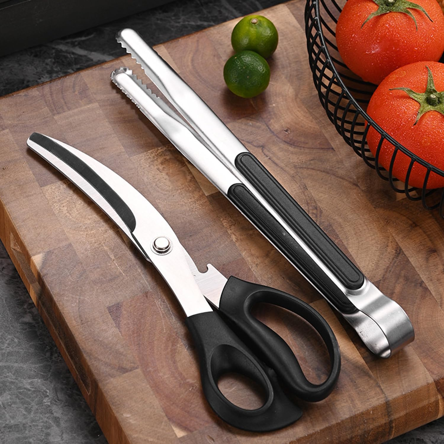 BEANPRECOY Korean Barbecue Scissors and Tongs Set BBQ Scissors BBQ Tongs Stainless Steel Ergonomic Sharp Shears and Clips for Kitchen Cooking Clips Pizza Shears for Easy Use (Black) image number 5