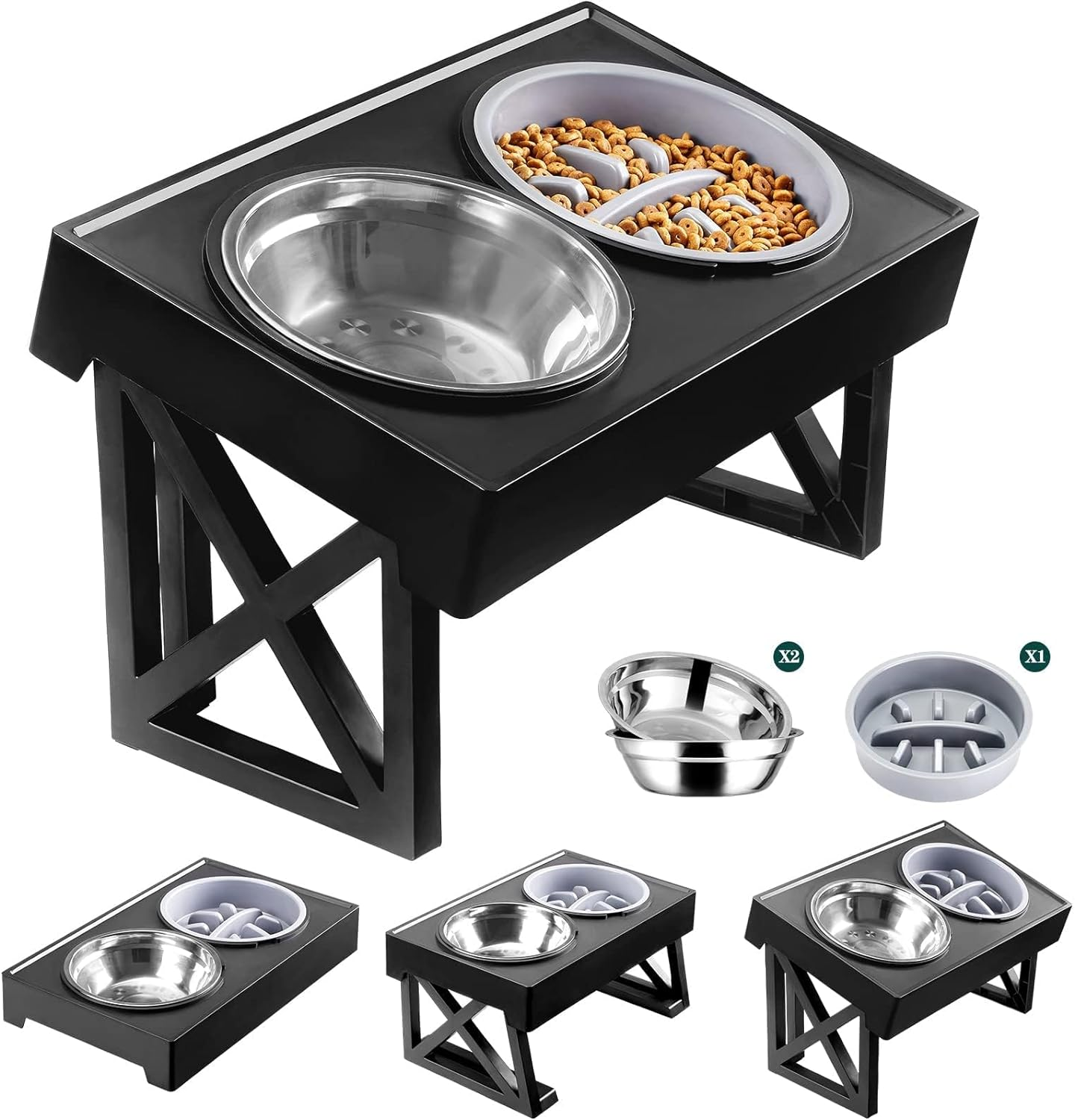MDEHOPET Elevated Dog Bowls for Large Dogs, 3 Adjustable Heights Raised Pet Bowl Stand Feeder with Slow Feeder Bowl 2 Stainless Steel Food & Water Bowls for Small Medium Large Dogs and Pets image number 2