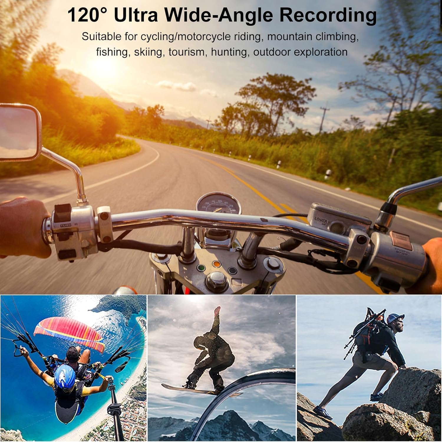 Motorcycle Dash Cam Wifi,Motorcycle Action Camera Waterproof Ip66 with Anti-Shake,120&deg;Wide-Angle Lens,1600 Mah Battery,Charge and Record Simultaneously,Bracket,Helmet Mount for Climbing,Skiing,Hiking image number 2