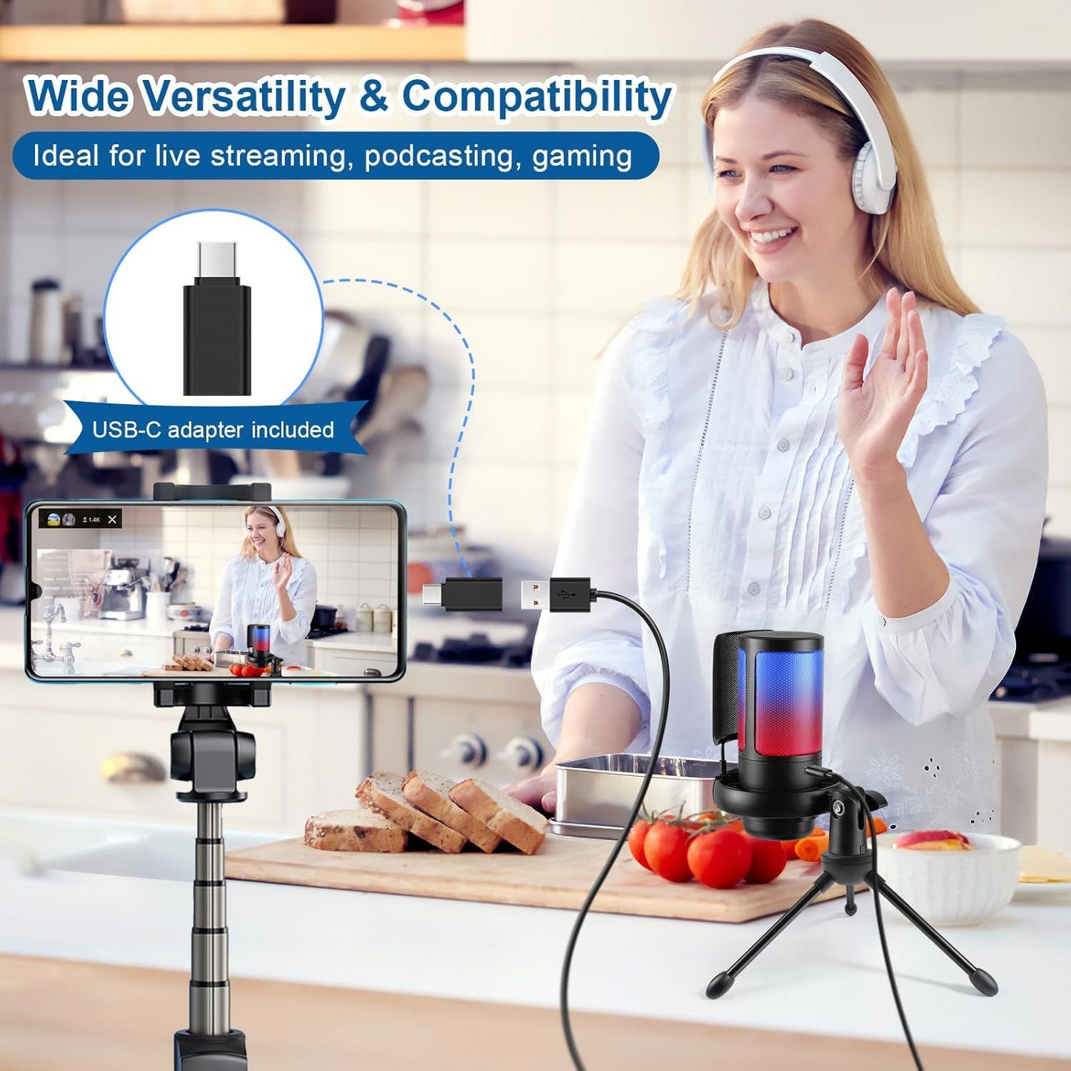 USB Microphone Gaming Mic with RGB Light, Condenser PC Podcast Microphone with Volume Control, Mute Button, Tripod Stand 3.5Mm Headphone Jack Compatible with Windows, Mac OS, Smartphones (Black) image number 4