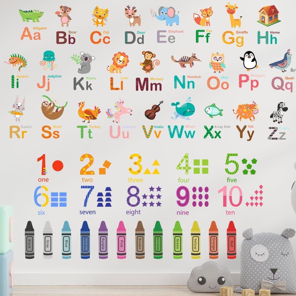 Alphabet Numbers Crayon Wall Stickers Decals Kids Peel and Stick Removable Room D&eacute;cor Letter ABC Classroom Playroom Decorations