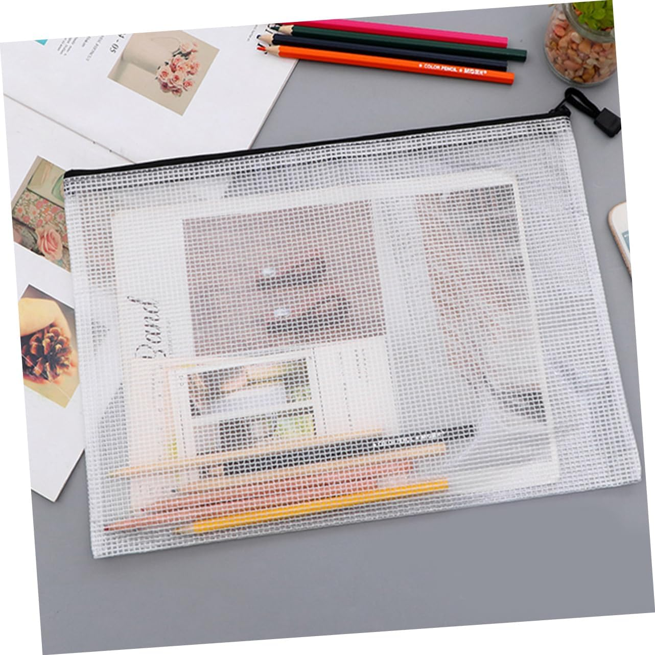 NAMOARLY 10Pcs Mesh Zipper Pouches Document Bags Plastic Folders for Office Large Storage Zip File Bags image number 5