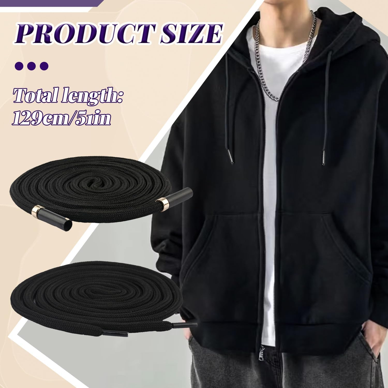 WALWAL 2 Pack 51 Inch Replacement Drawstrings Cotton Drawstring Cord, Suitable for Sweatpants Hoodies Shorts, with Threader Tool(Black,Cylindrical) image number 2