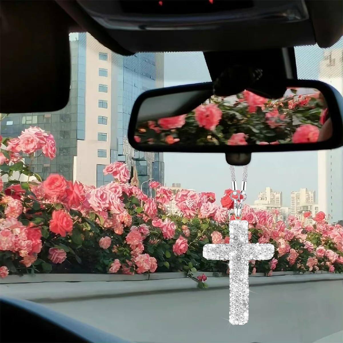 HZEL Bling Car Hanging Ornament, Cross Crystal Rhinestone Vehicle Rear View Mirror Pendant, Diamond Religious Rearview Mirror Decoration Charm, Universal Automotive Interior Accessories (White) - Pink image number 3