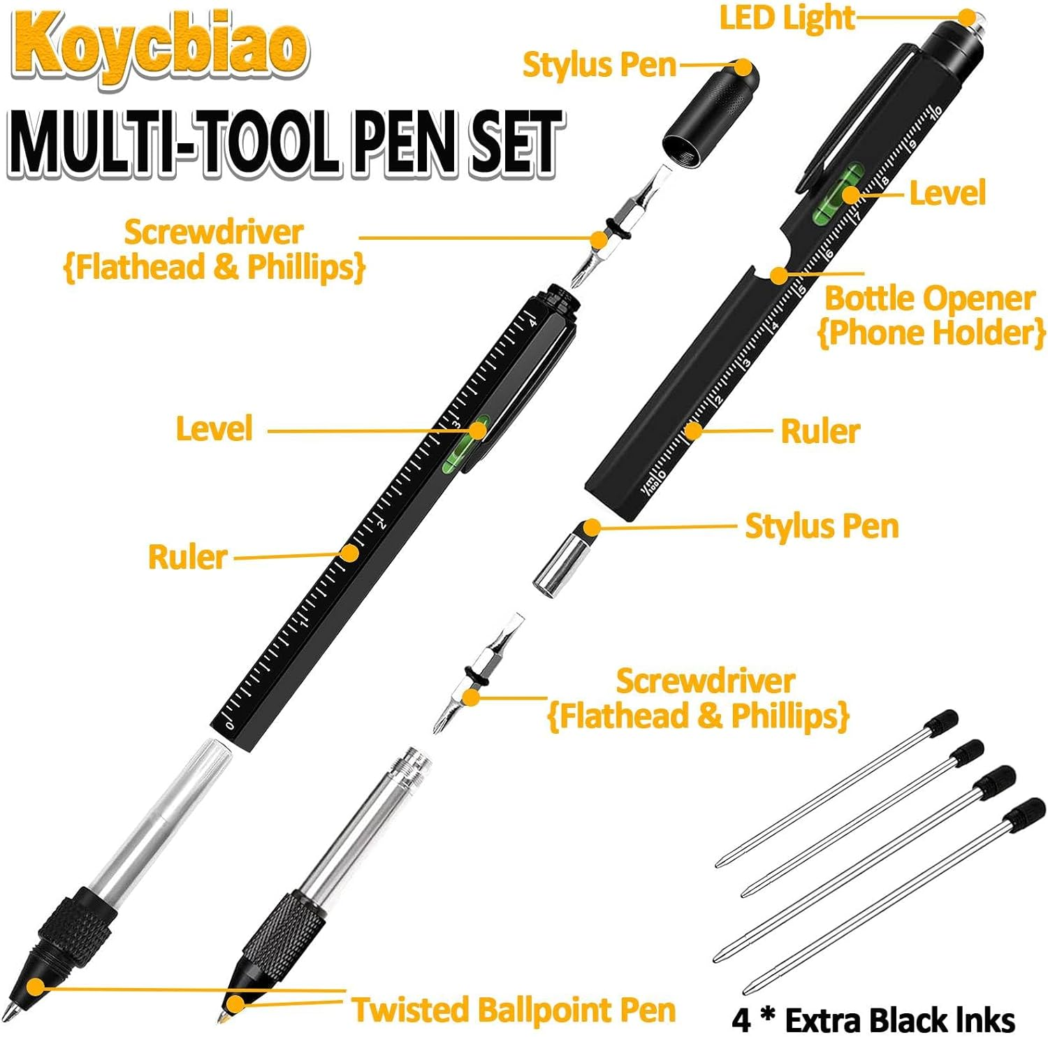 2Pcs Gifts for Men, 9 in 1 Multitool Pen Set - Cool Gadgets for Fathers, Husband, Boyfriend, Grandpa on Christmas Birthday Gifts, Multi Tool Ballpoint Pen Stocking Stuffers for Him Teens (Black-Black) - 2Pcs Black + Black image number 5