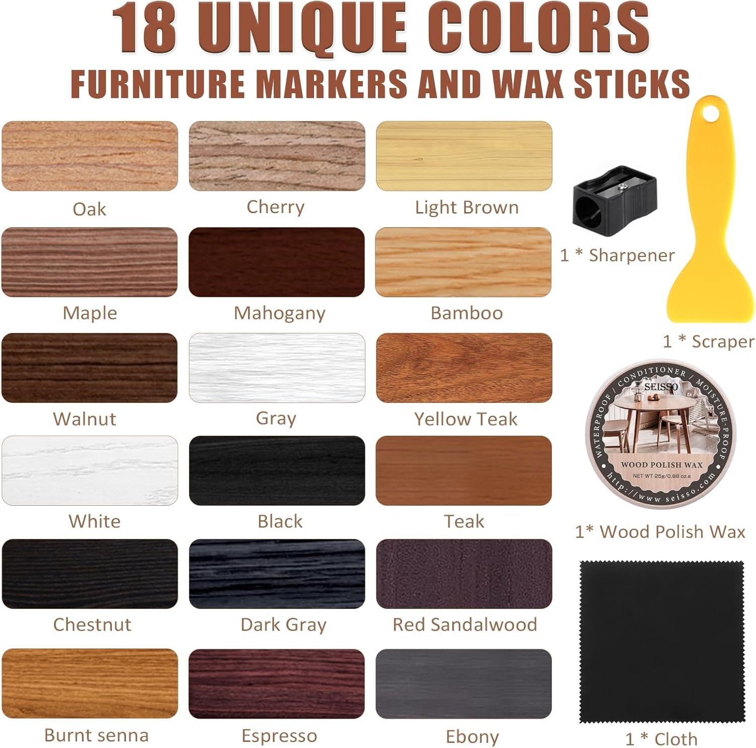 SEISSO Furniture Repair Kit, 18 Colors Touch up Markers and Wood Filler Sticks with Wood Polish Wax - Furniture Touch up Kit Cover up Scratches, Stains, Holes for Wooden Table, Cabinet, Floors, Door image number 2