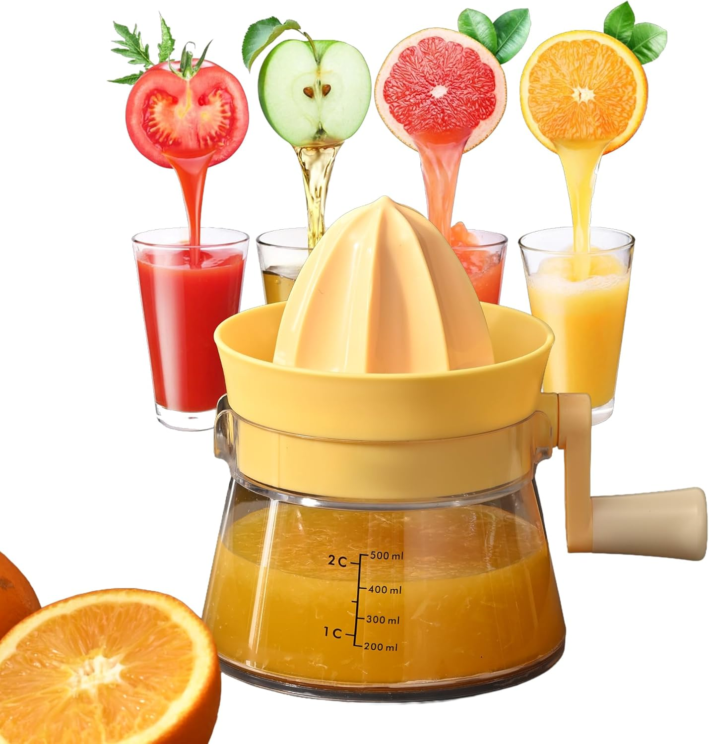 Simple Juicer, Multi-Function Hand Crank Juicer, 2 Cup Capacity, Stable Base, Suitable for Citrus, Lemon, Orange Juicer with Measuring Cup- Yellow
