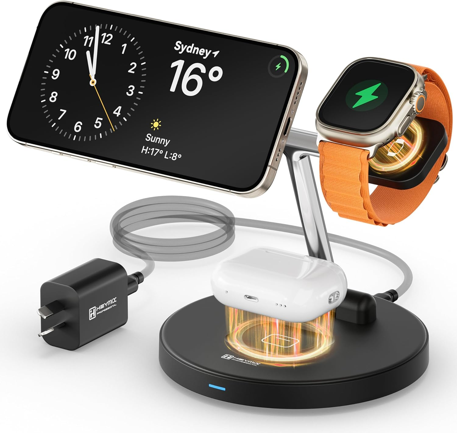 HEYMIX 3-In-1 Magsafe Wireless Charger, Fast Wireless Phone Charging Dock Compatible with Apple, Magnetic Wireless Charging Stand Compatible with Iphone 15/14/13/12, Iwatch 8/7/SE/6/5, Airpods Pro image number 1