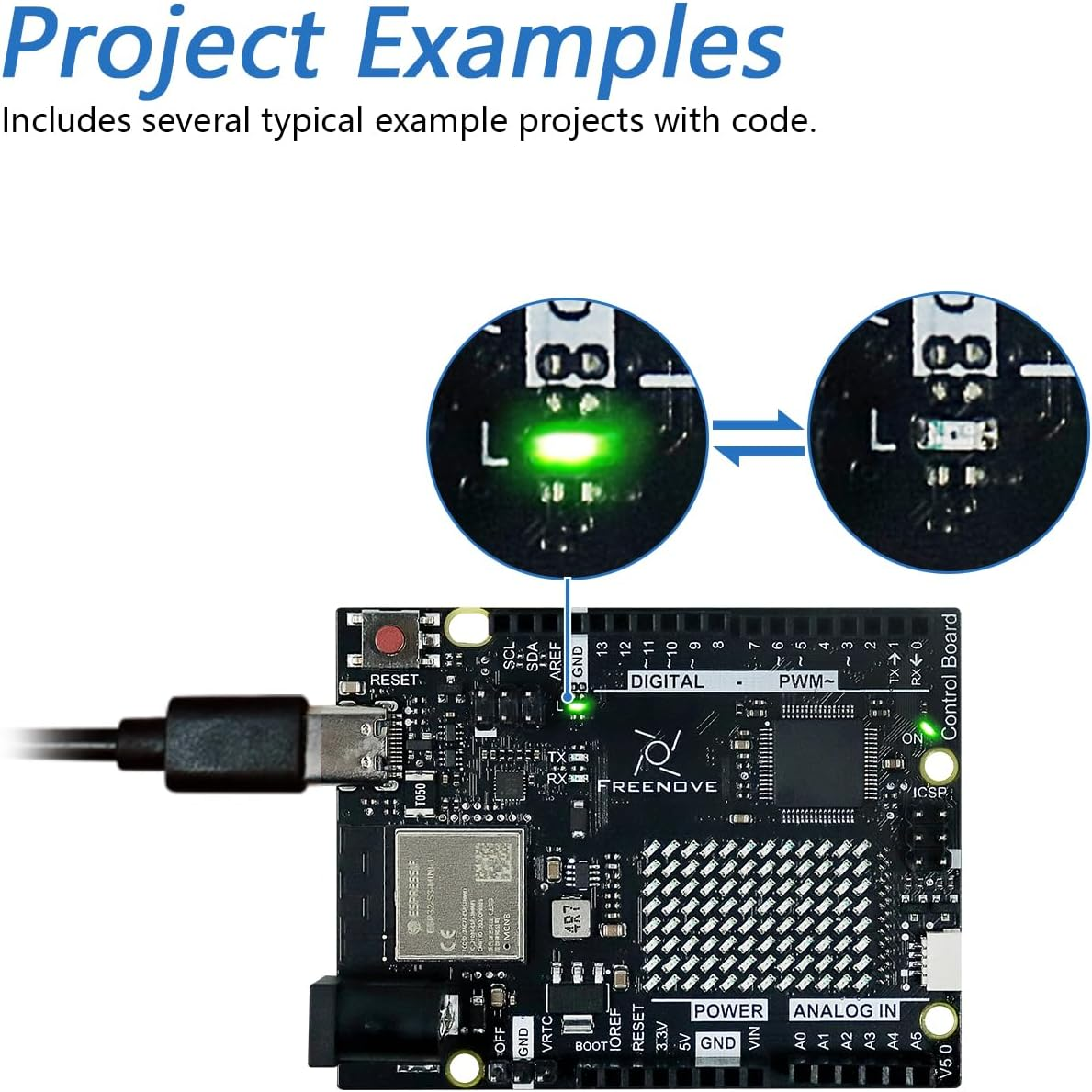 Freenove Control Board V5 Rev4 Wifi (Compatible with Arduino IDE), Arm Cortex-M4 Microcontroller, Onboard ESP32-S3, LED Matrix, USB-C Connector, Example Projects and Code Tutorial image number 1