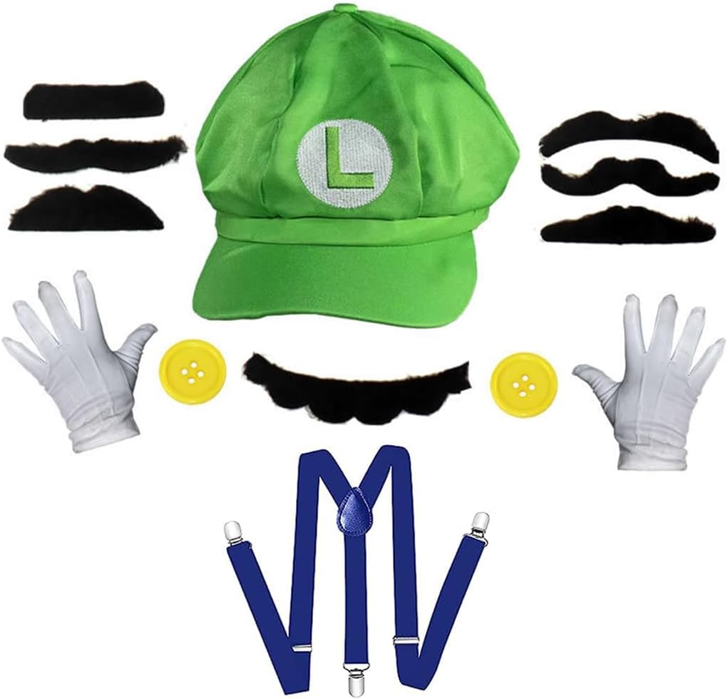 Super Brothers Costume Adult Accessories Set with Cosplay Hat,Gloves,Buttons,Strap,Beard,For Halloween Cosplay