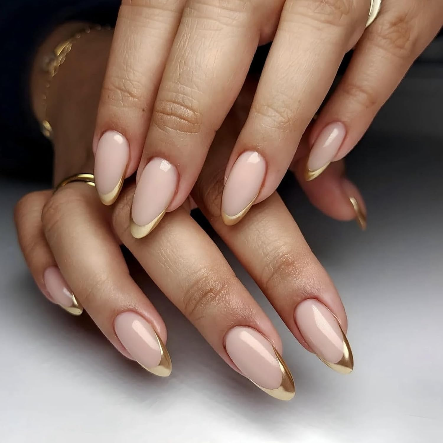24 PCS Gold French Tip Press Nail Almond Shape Fake Nails Reusable Acrylic Nail Glossy Full Cover Stick image number 6