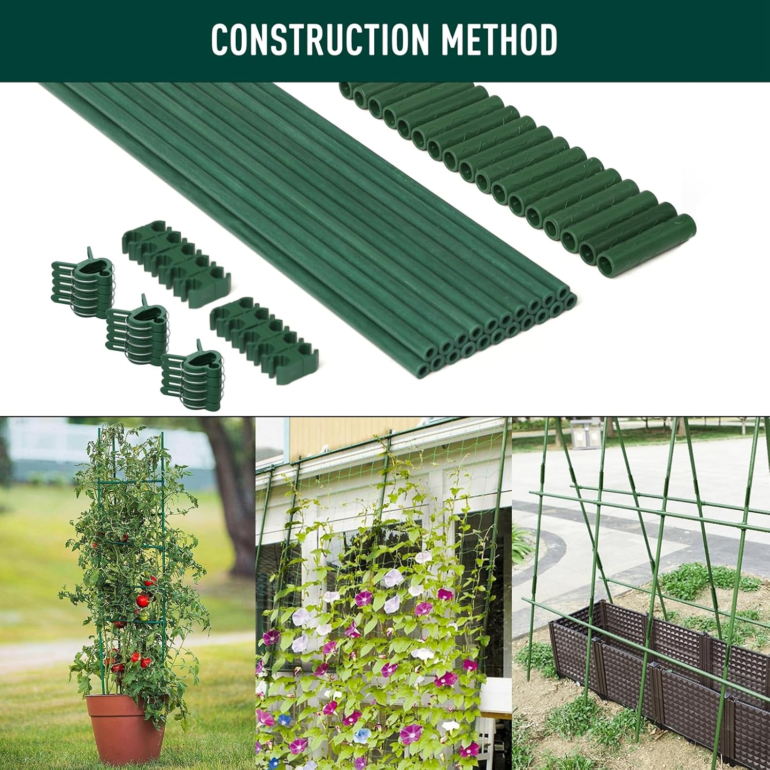 MAXPACE 62Pcs Garden Stakes Kit: Includes 20 Sets of Fiberglass Plant Sticks Supports & Accessories for DIY 4Ft, 5Ft, 6Ft, 7Ft Stakes for Tomato, Vegetables, Indoor & Outdoor Gardening Supplies image number 1