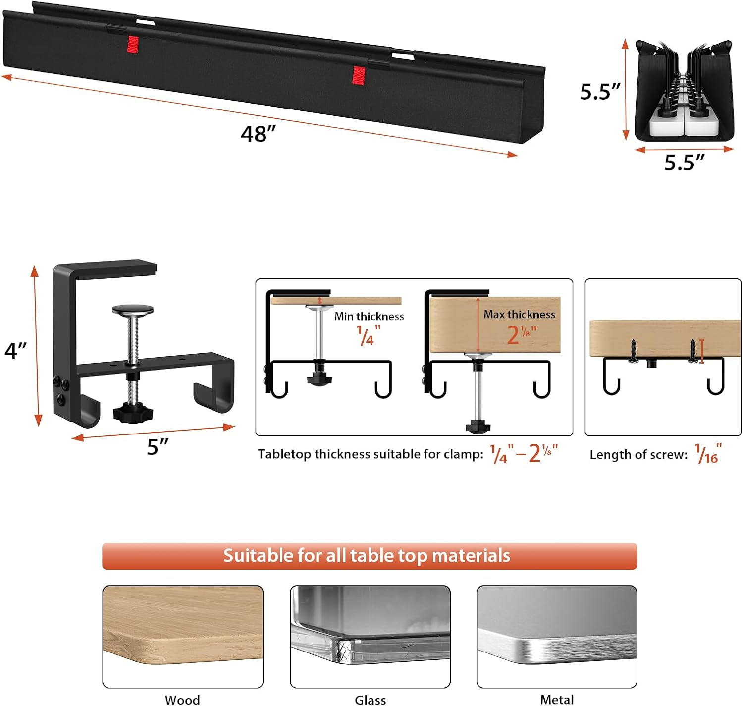 Univivi No Drill under Desk Cable Management Tray, 48" Cord Organizer for Table, Clamp/Screw Mount Desk Cable Management, Premium Fabric Cable Management Tray for Office, Home (Extra Large) image number 2