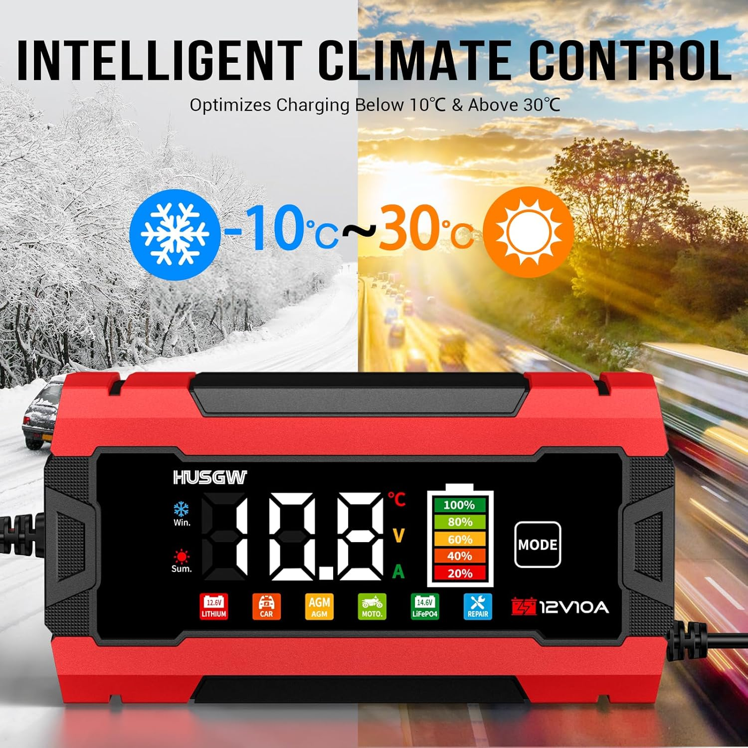 10-Amp Car Battery Charger, 12V/10A Smart Battery Charger Automotive Battery Maintainer with Pulse Repair, Trickle Charger for Car Truck Motorcycle Lawn Mower Boat (Red,Black)