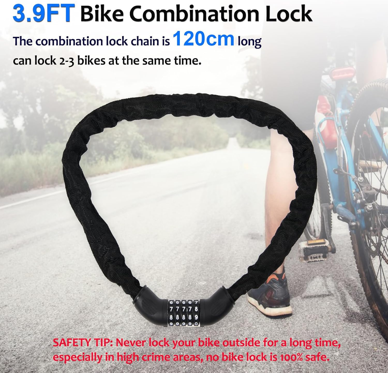 Bike Chain Lock, 5 Digit Combination Lock, Heavy Duty anti Theft Bicycle Lock, 1.2 Meter (3.9FT) Code Lock for Bike, E-Bike, Motorcycle, Door, Scooter, Fence, Gate image number 4