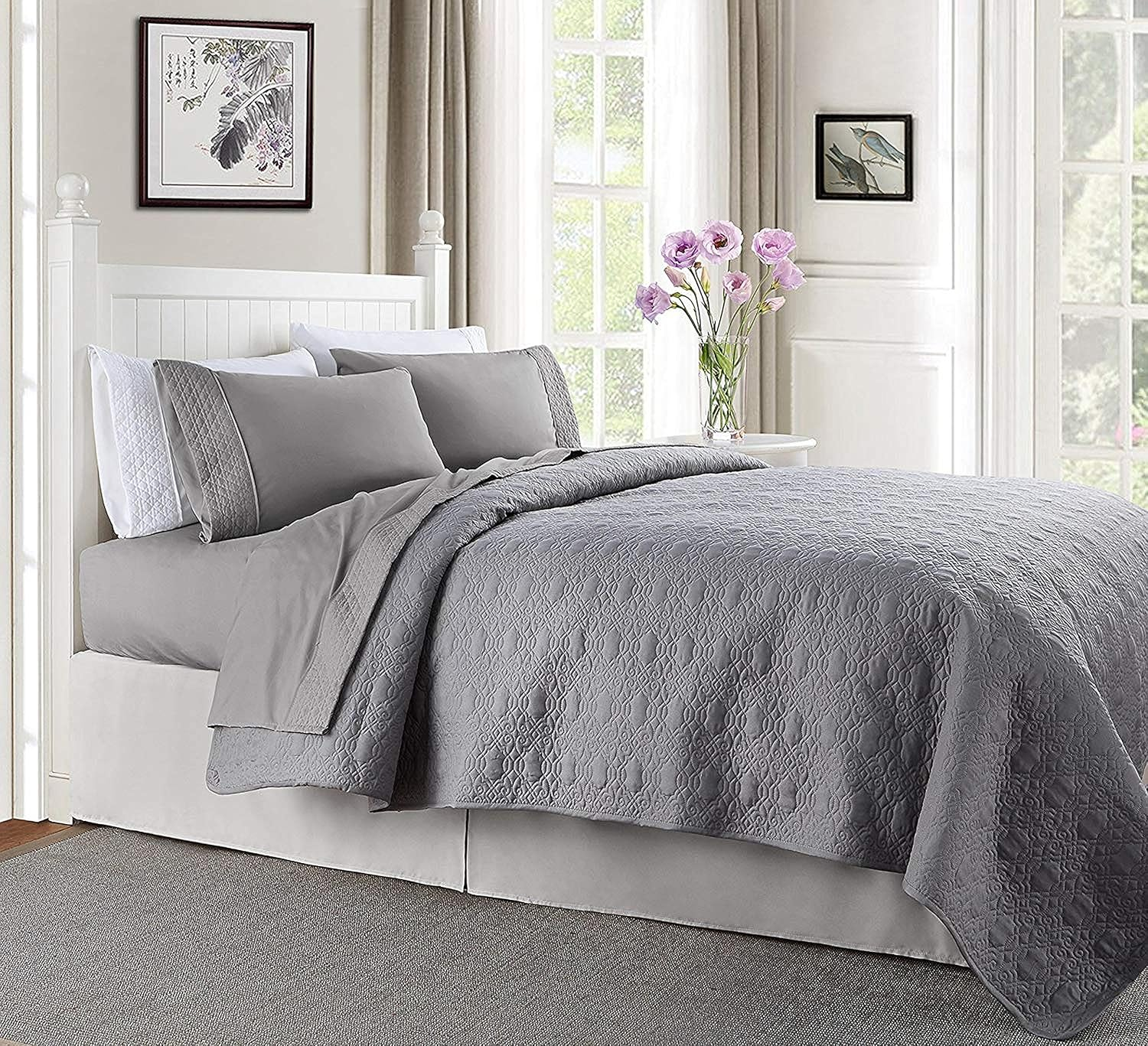 Elegant Comfort Luxury Best, Soft Coziest 4-Piece Bed Sheet Set! 1500 Premier Hotel Quality | Quilted Design on Flat Sheet and Pillowcases | Wrinkle Free, 100%, Full, Gray