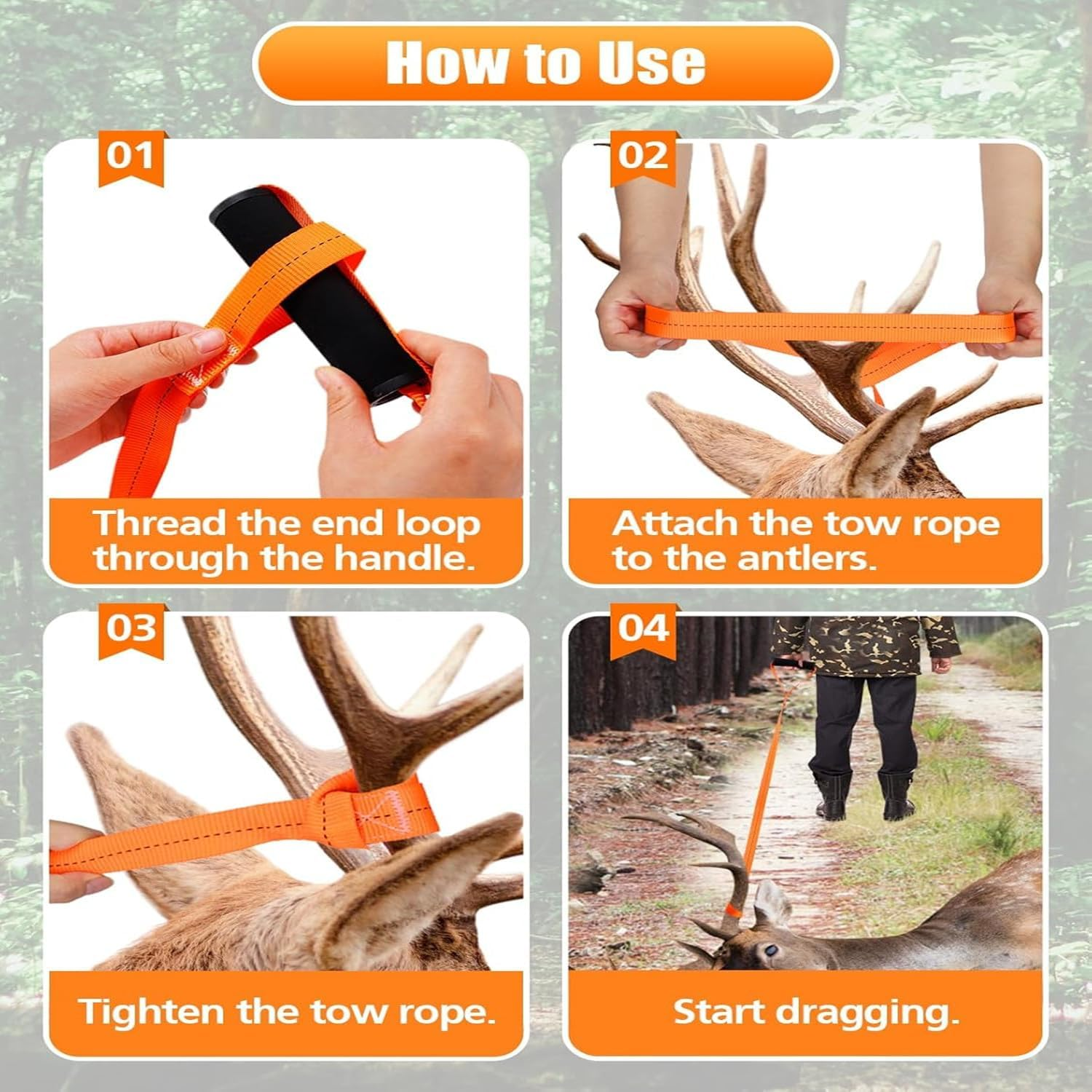 Deer Drag Harness, 2PCS Deer Drag Strap, Deer Pull Strap, Heavy Loading Deer Dragging Rope with Non-Slip Handle, Deer Drags Rope for Hunting Gear, Deer Hunting Harness Strap image number 2