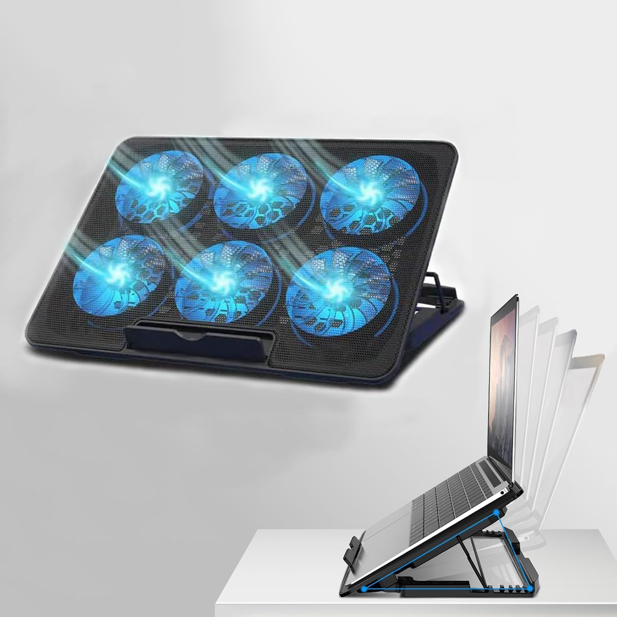Portable Computer Stand， 6 Quiet Cooling Fans and 6 Height Adjustable Dual USB Powered Gaming Laptop Cooling Stand for 12-17 Inch Laptop image number 3