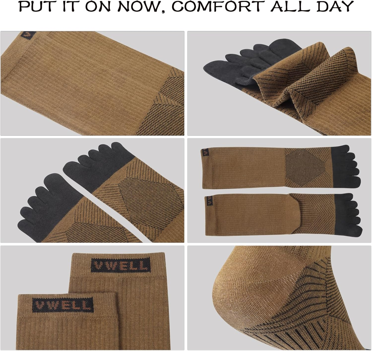 VWELL Toe Socks Cotton Athletic Running Five Finger Socks 3 Pairs,Size 7-11 image number 5