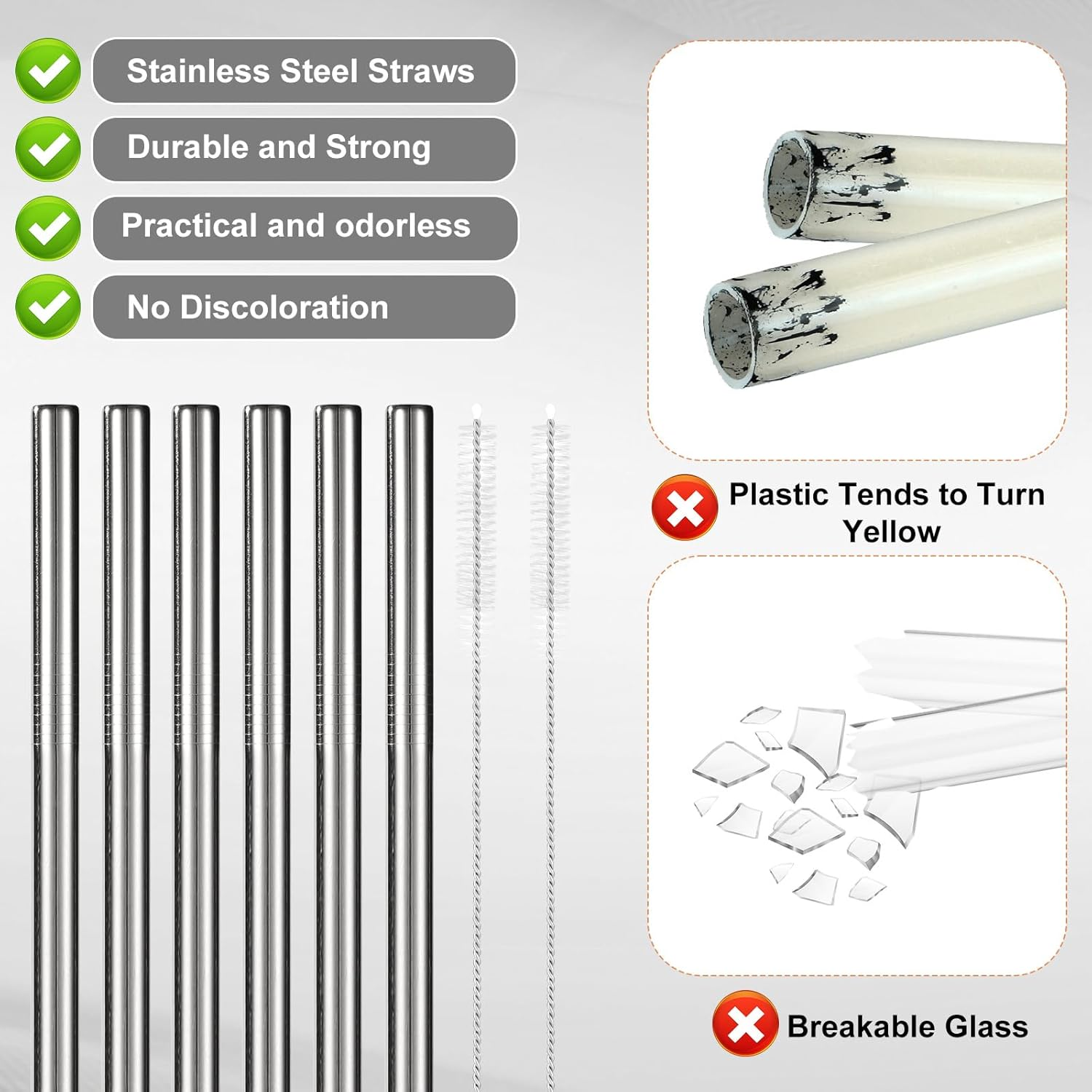 6Pcs Stainless Steel Water Bottle Straws for Owala Water Bottle 24Oz/32Oz, Reusable Straw Replacement with 2Pcs Straw Clean Brushes(Silver) image number 1