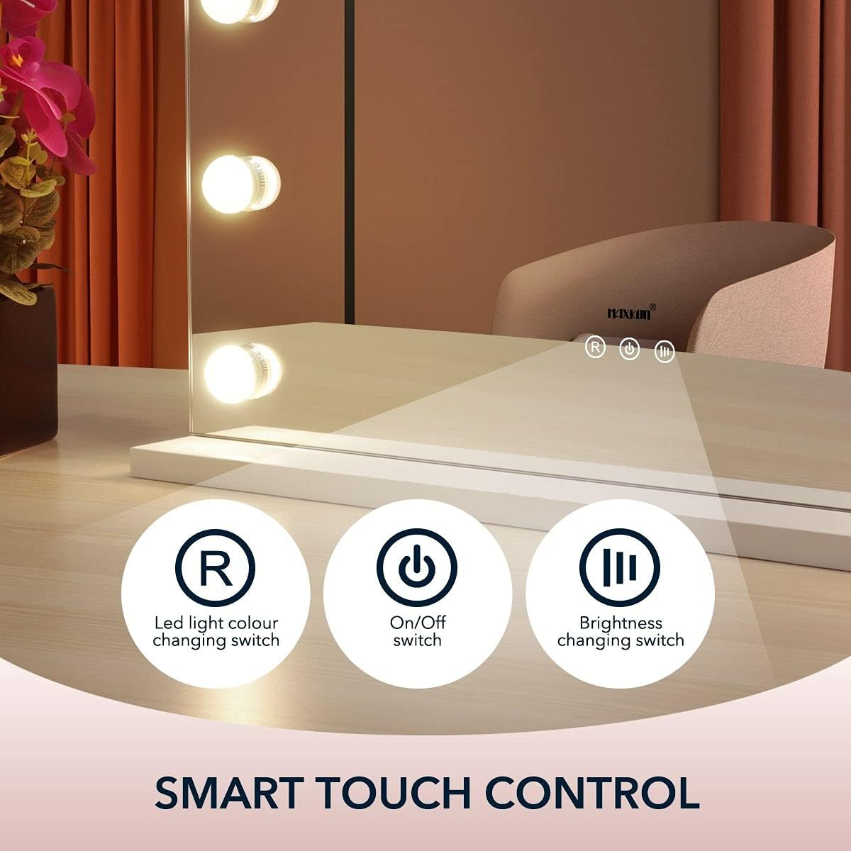 Maxkon Lighted Makeup Mirror Hollywood Mirror Vanity Mirror Tabletop Mirror with 12 LED Lights Smart Touch Control 55X45Cm image number 1
