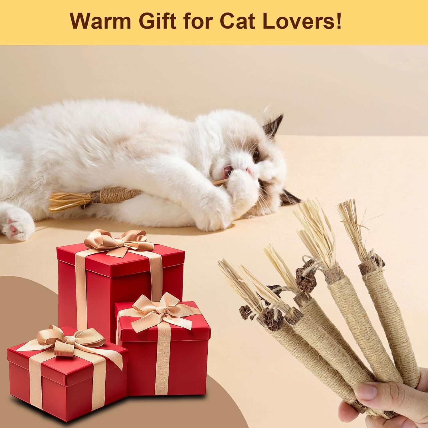 6 Pack Silvervine Cat Chew Toys, Natural Dental Sticks for Indoor Cats, Kittens Teeth Cleaning, Catnip Alternative, Interactive Play, Yellow image number 3