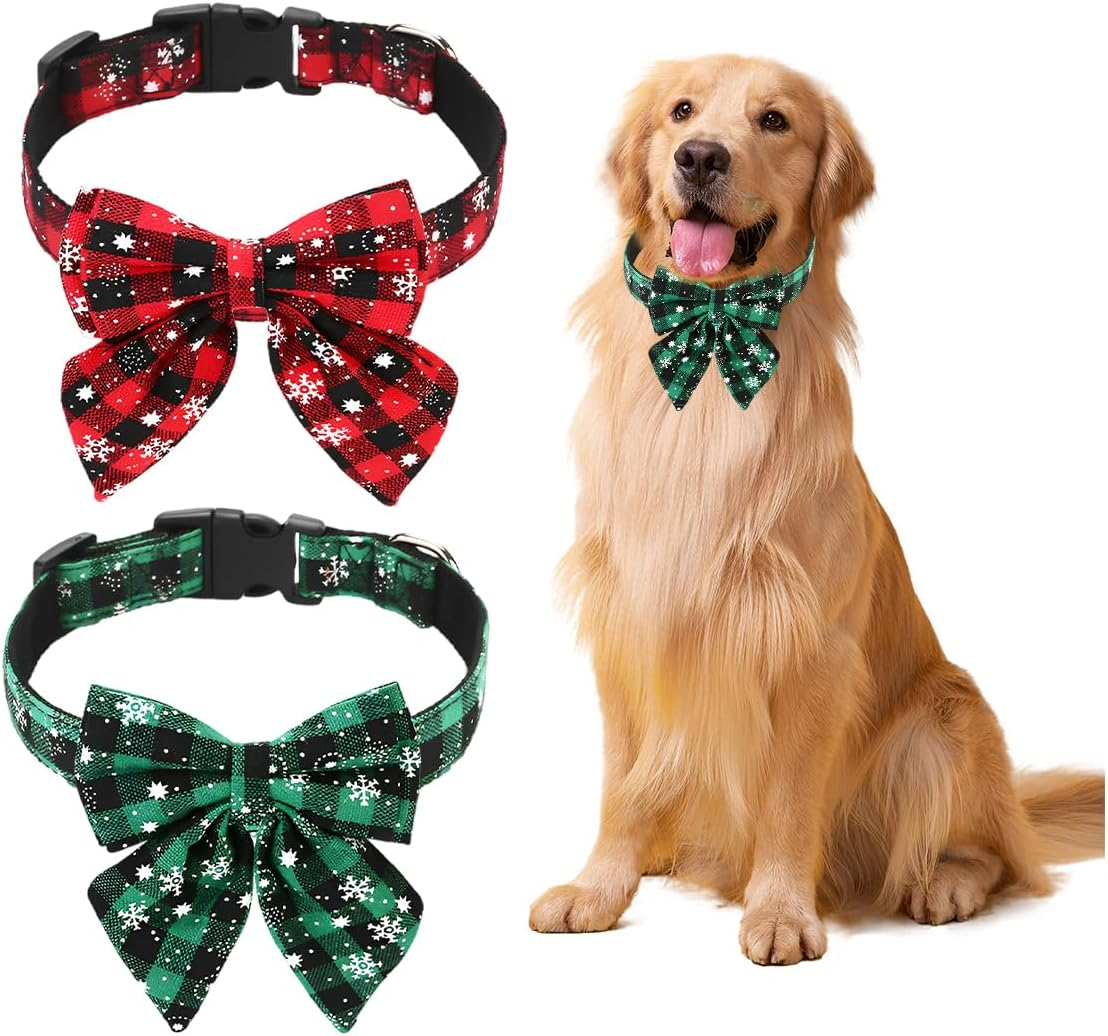 O-Kinee Christmas Dog Collar, Christmas Collar Dog, Cat Collar with Bow, Bow Tie for Dogs, Cute Checked Pattern, Dog Christmas Costume, Pet Collar for Kittens and Dogs (L) image number 5