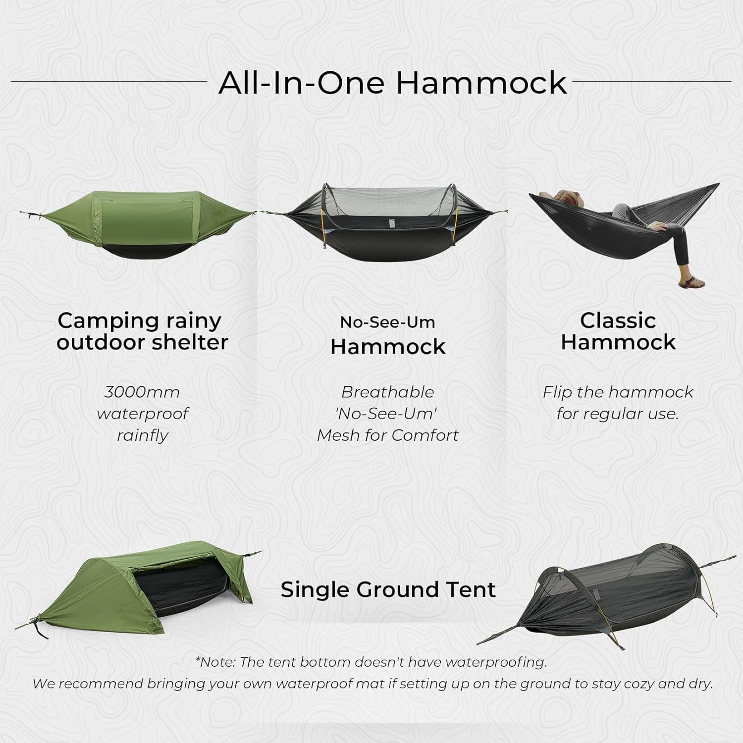 APEXORIGIN Camping Hammock, Portable Single & Double Hammock Tent with Mosquito Net & Rainfly,3 in 1 Waterproof Lightweight Portable Sleeping Hammock Bug,Suitable for Outdoor Courtyards(Army Green) image number 3