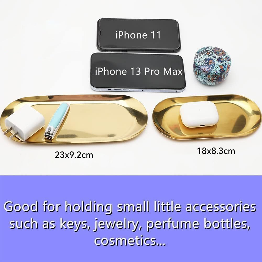 JZS Stainless Steel Tray, 3 Pack Towel Tray Metal Storage Organizer Trays Dish Plate Jewelry Dish Cosmetics Bathroom Clutter Serving Platter Small Storage Trays Oval Plate(Rose Gold) image number 4