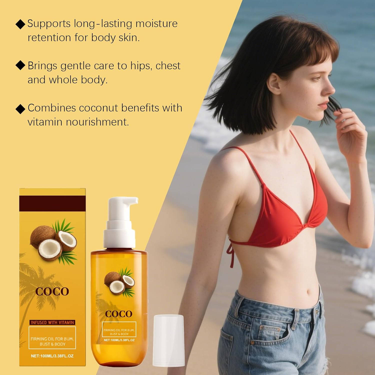 Coconut Firming Body Oil with Vitamin E, Hydrating Body Moisturiser, Deeply Nourishing for Dry Skin, Firming & Toning, Fast Absorbing Non-Greasy, Improves Skin Texture, Even Tone (2Pcs)