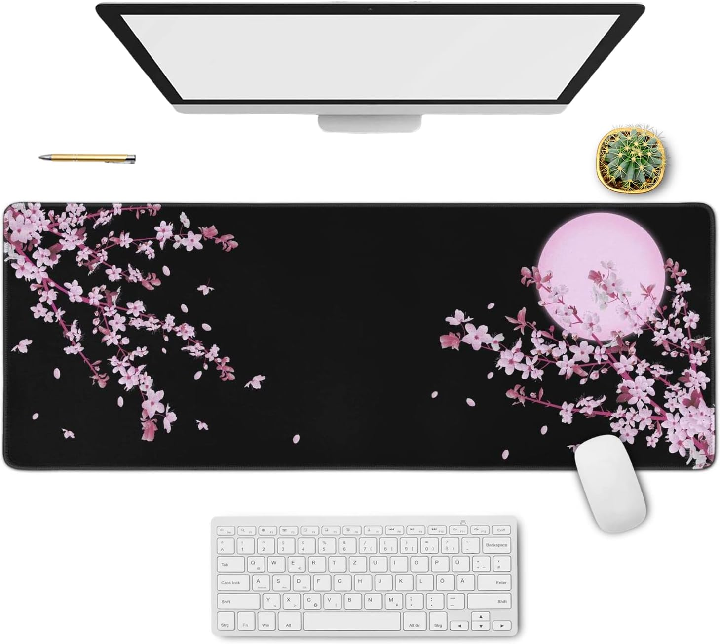Japanese Cherry Blossom Sakura Mouse Pad Black XL, Extended Large Mouse Pad, Kawaii Pink Black Mousepad, Moon Floral Long Big Desk Mouse Mat, Cherry Blossom Decor Stuff Accessories, 31.5 X 11.8 Inch