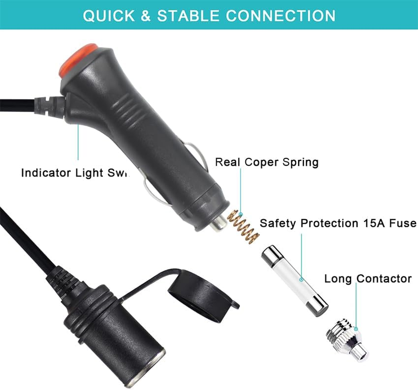 12V Cigarette Lighter Plug with Switch on off Male to Female Socket Extension Cable 3FT 2464 18AWG/2C image number 4