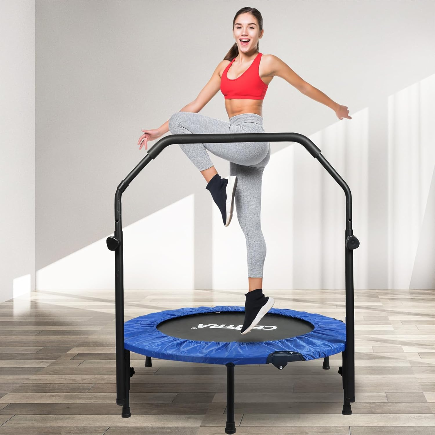 Centra 40" Foldable Mini Trampoline Rebounder,Fitness Trampolines with U Shape Adjustable Foam Handle, Stable Quiet Rebounder, Exercise Trampoline for Adults and Kids Indoor Garden image number 5