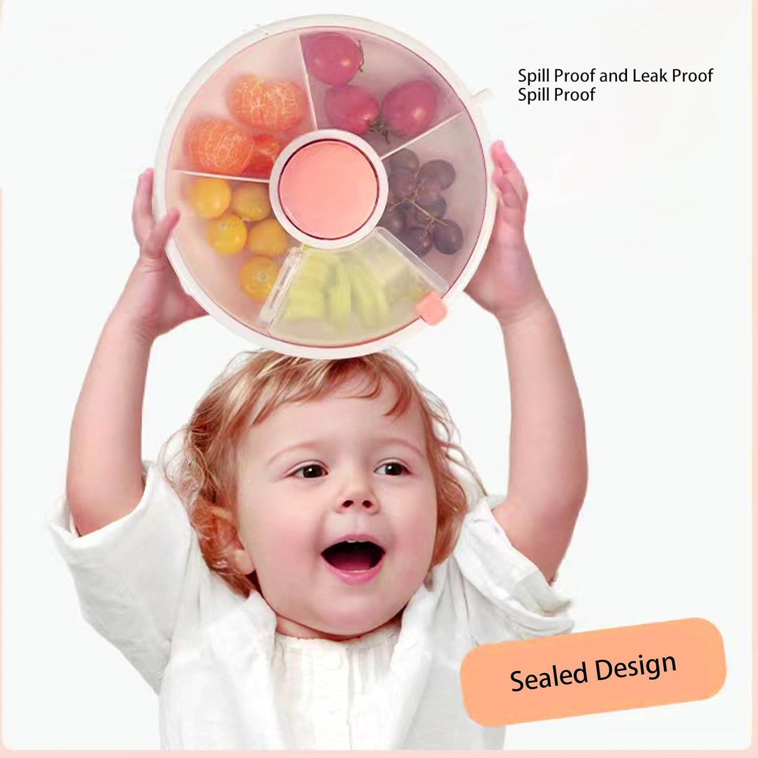 Rotating Snack Container, Large Capacity Sealing Fruit Storage Box with Lid, 360&deg; Rotating, Dampproof, 5 Compartment Dispenser for Kids (Pink) image number 3