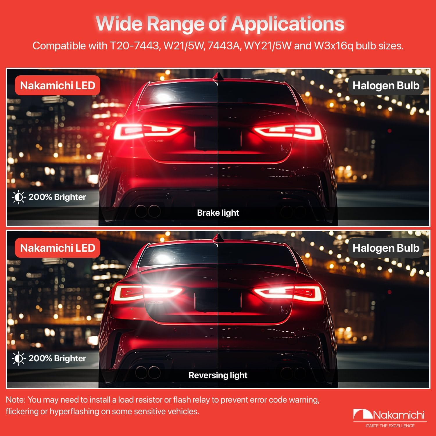 Nakamichi T20 7443 7441 7444 (W21/5W) Car LED Bulb 30-SMD 3020 Chip with Canbus Error-Free 12,000 RPM Fan for Brake Turn Signal Indicator Reverse Backup Tail Light (Monza Red, 30 Leds, Pack of 2) image number 6