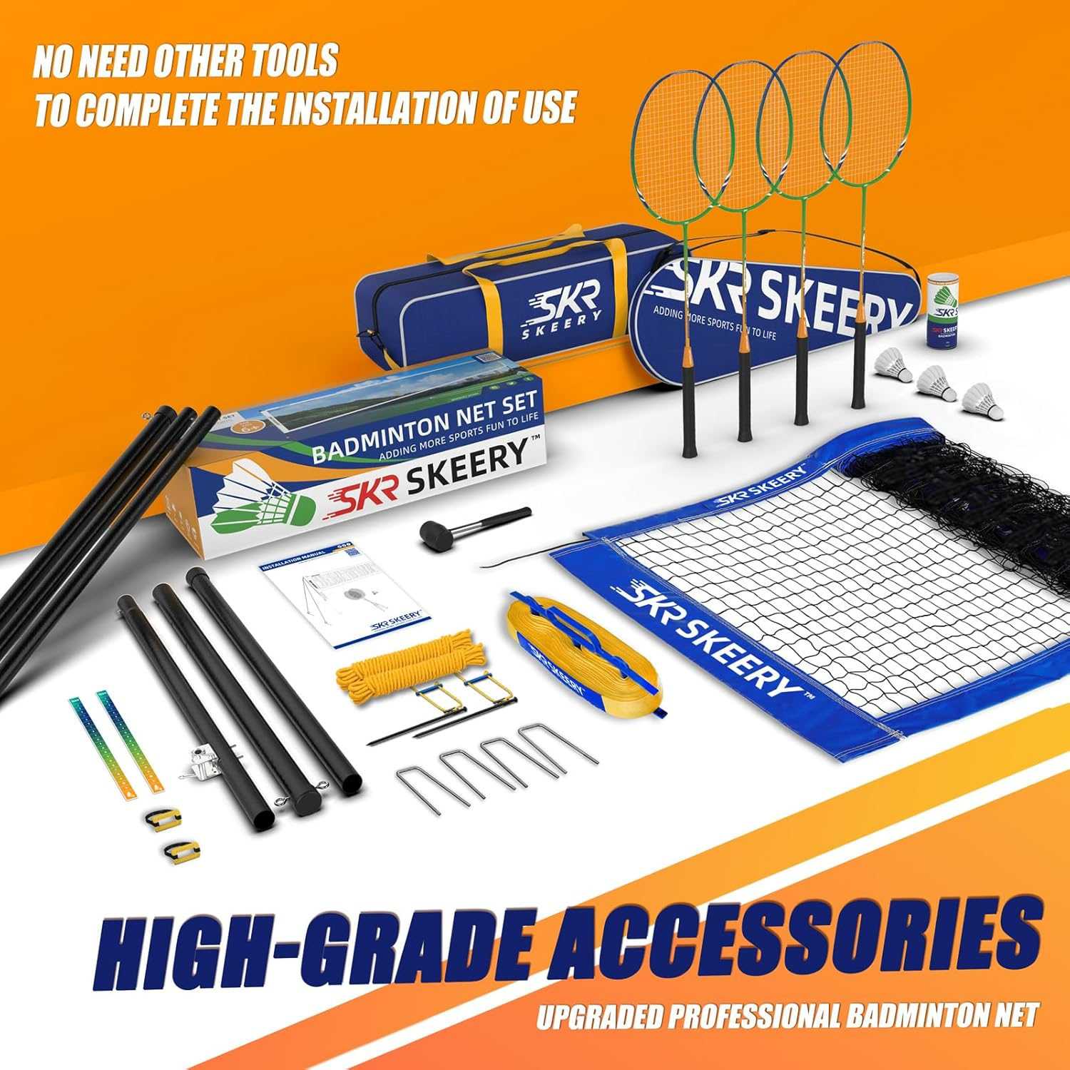 Professional Badminton Set with Winch System,Portable Badminton Net Includes Carbon Aluminum Badminton Rackets Set of 4,3 Shuttlecocks and Carrying Bag,Badminton Sets for Backyards,Beach (Blue) image number 2