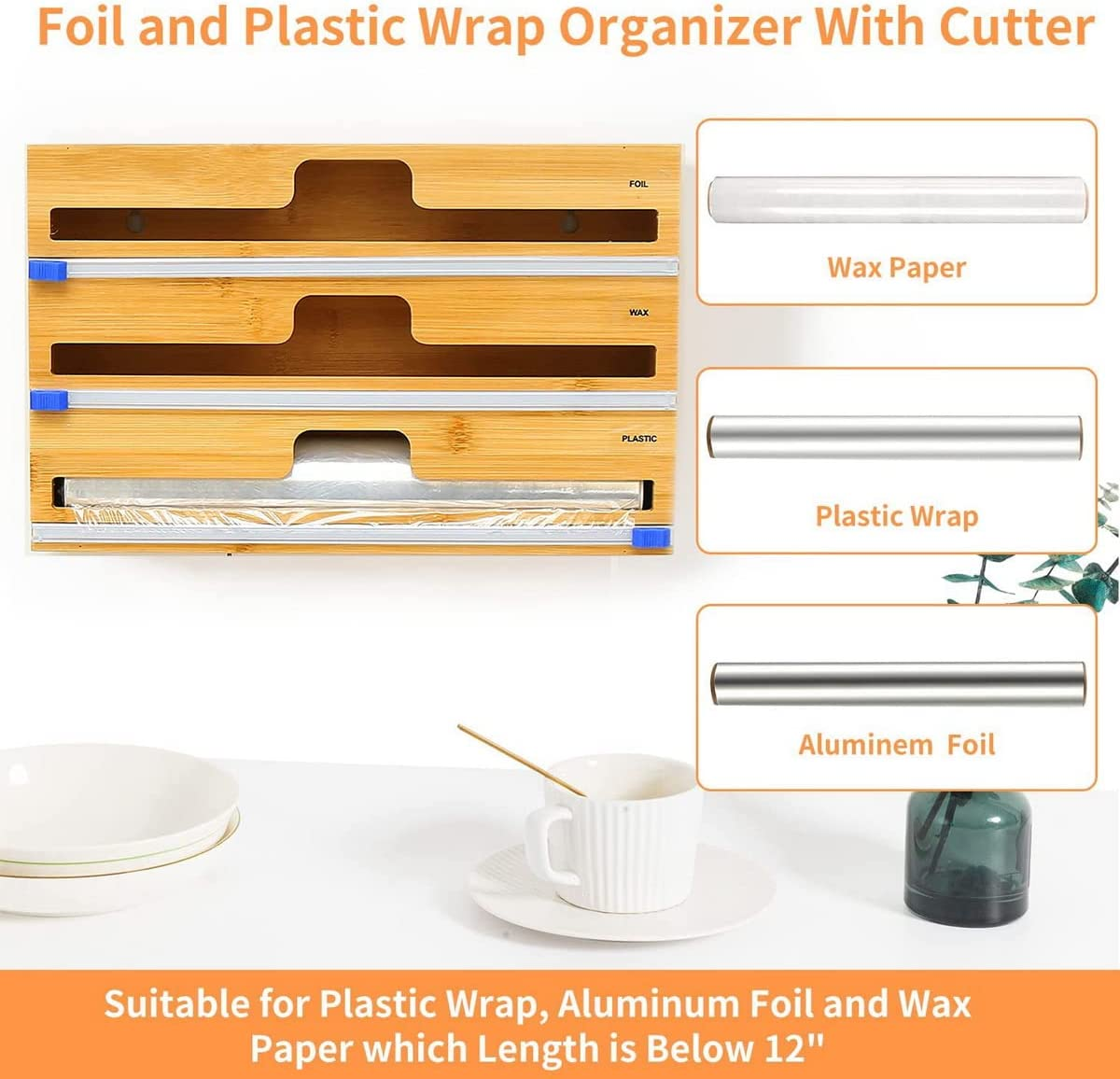 3 in 1 Wrap Dispenser with Cutter, Plastic Wrap, Aluminum Foil and Wax Paper Dispenser for Kitchen Drawer, Bamboo Roll Organizer Holder, Compatible with 12" Roll 2.2" Tall