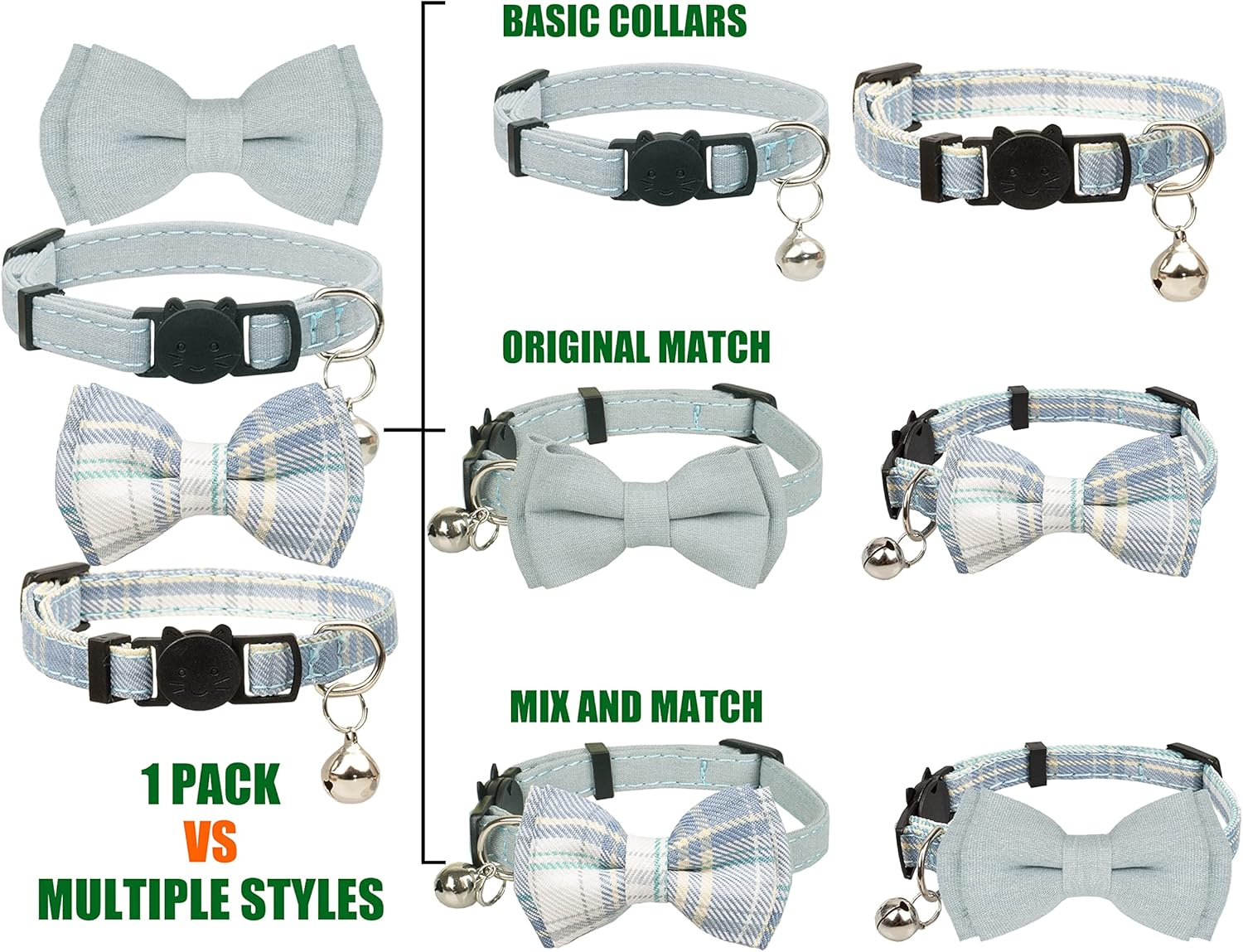 Gyapet Cat Collar Breakaway Bowtie Safety with Bell Adjustbale Kitten Puppy Solid Plaid Color Set D-[2Pcs] Blue - Beige image number 7