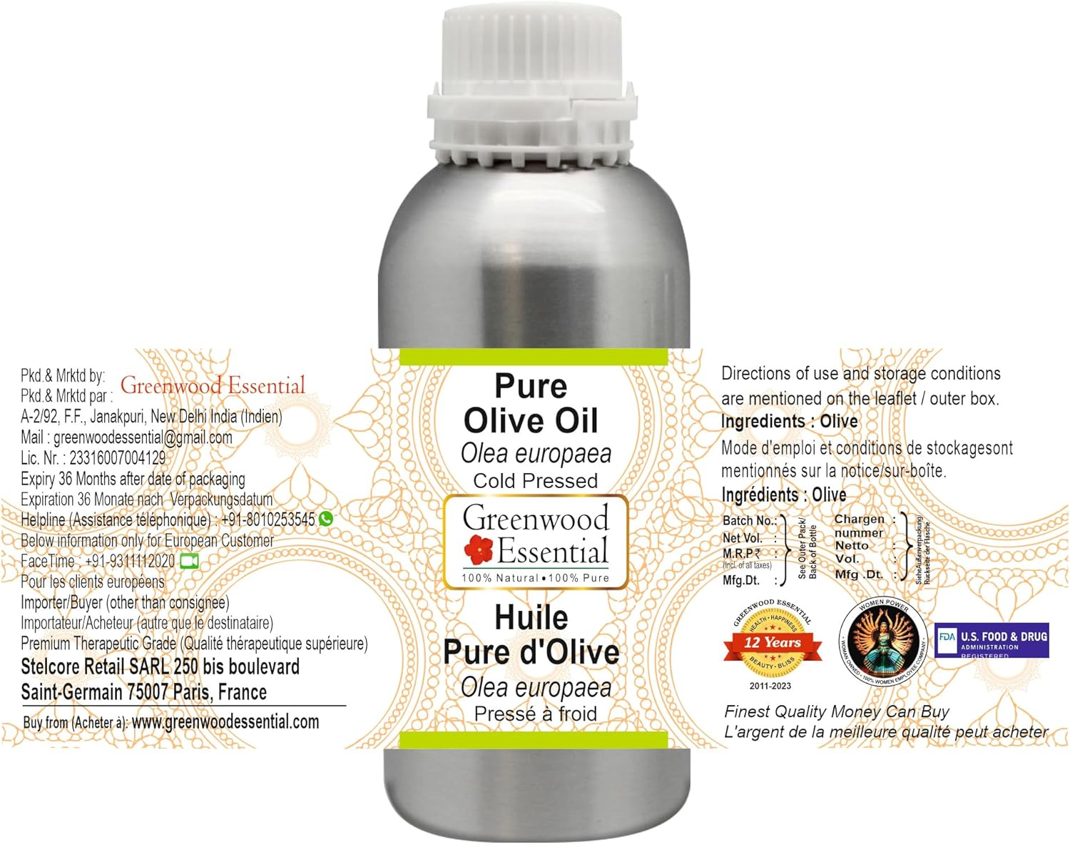 Greenwood Essential Pure Olive Oil (Olea Europaea) Cold Pressed 300Ml (10 Oz)