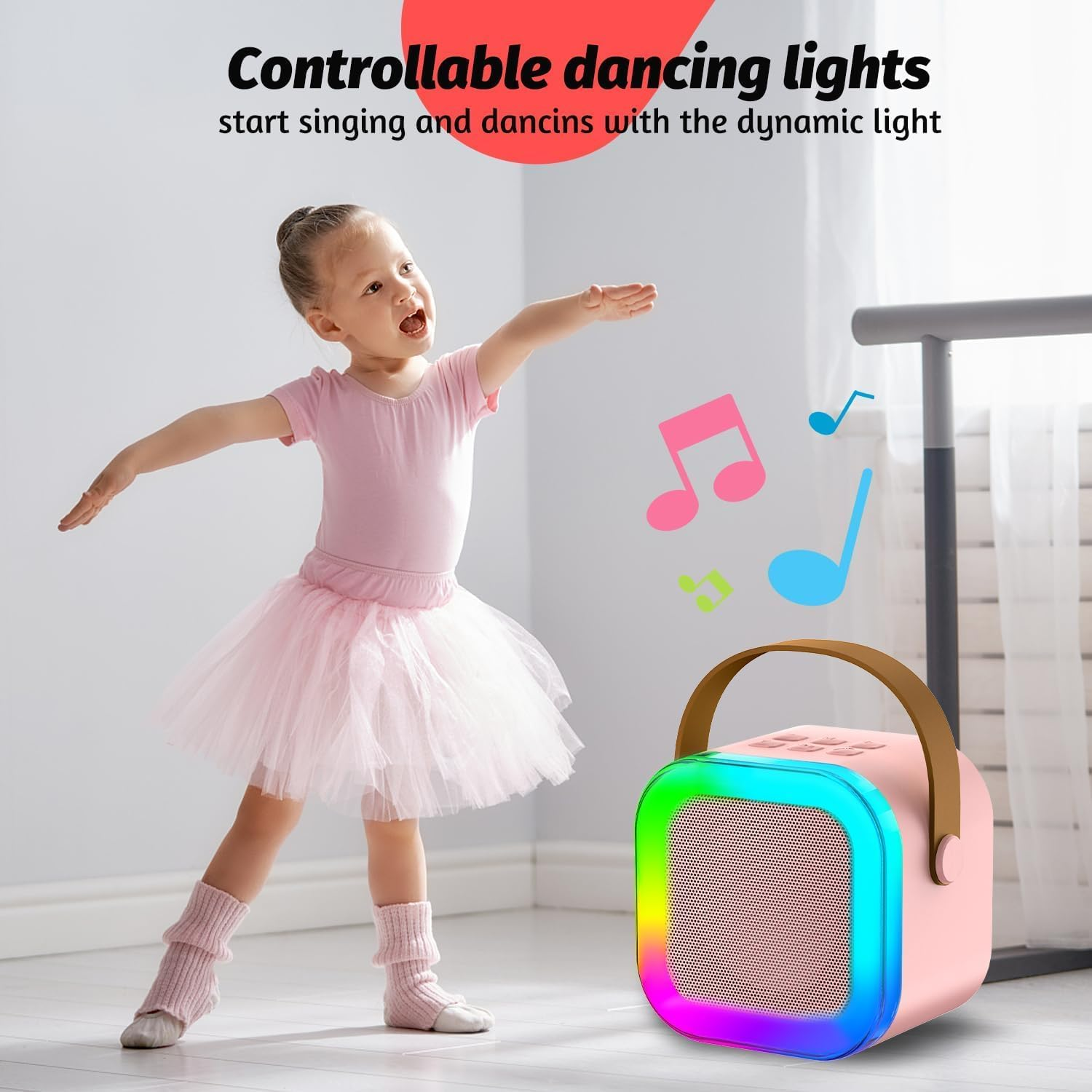 Karaoke Machine for Kids, Mini Portable Bluetooth Karaoke Speaker with 2 Wireless Mics and Led Colorful Lights for Kids Adults, Gifts Toys for Girls Boys Family Home Party (Pink)