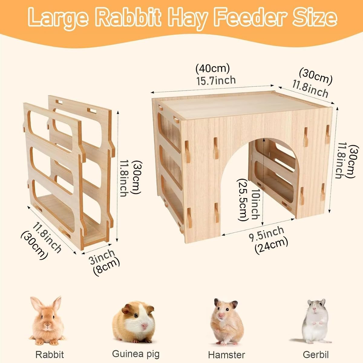 AIMALL Three-In-One Wooden Hay Feeder Bunny Tunnel Hideout Villa for Rabbit Guinea Pig Hamster, Pet Feeding Station with Hay Rack and Shelter, Easy to Clean image number 2