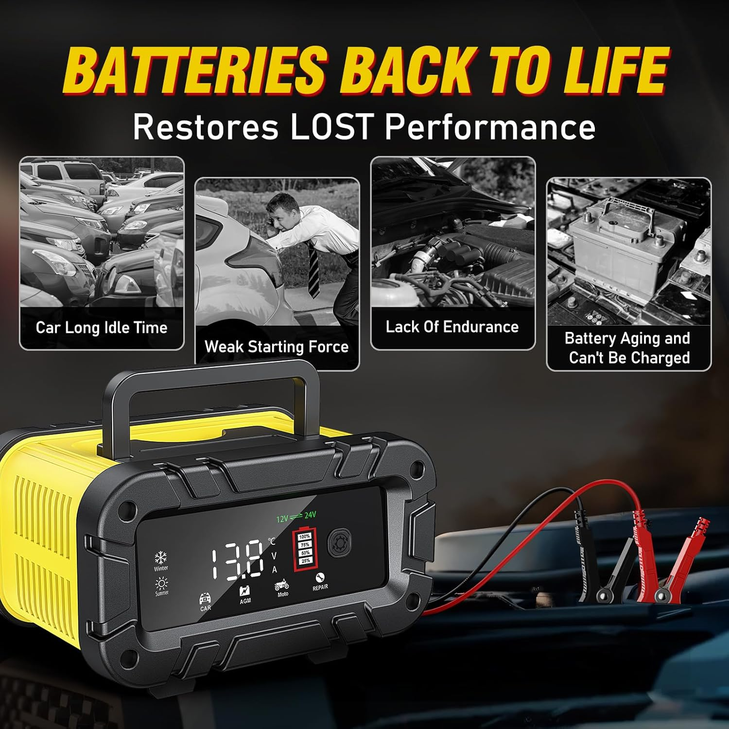 12V / 24V Car Charger, 20A Multi Protections Motorcycle Battery Charger, Intelligent LCD Screen Fully Automatic Battery Charger for Motorcycles, Boats, Cars, Agm/Lithium Battery (Black,Yellow)